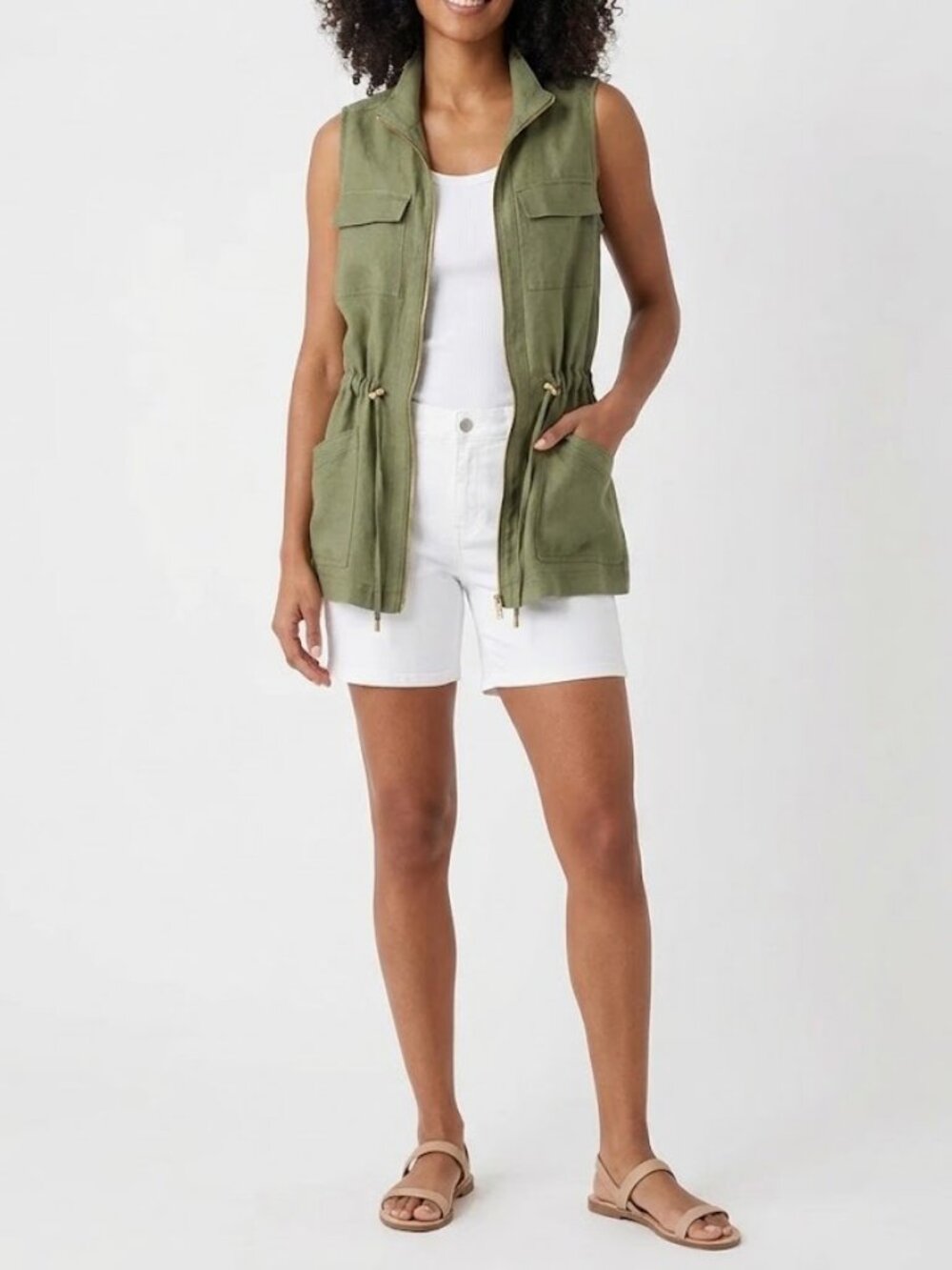 ELLEN TRACY 100% Linen Utility Vest Medium Olive Green Drawstring Gold Zippers